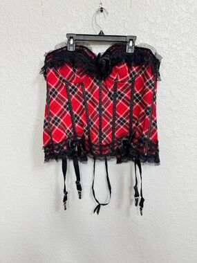 Hips & Curves Red Plaid Lace Trim Corset Top 1X